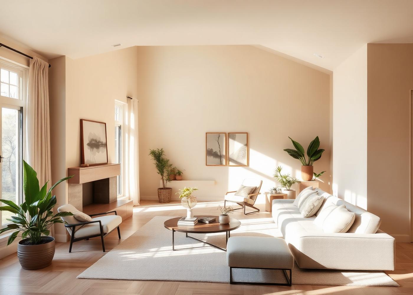 Sunlit, welcoming living room interior of a Solace Living transitional home