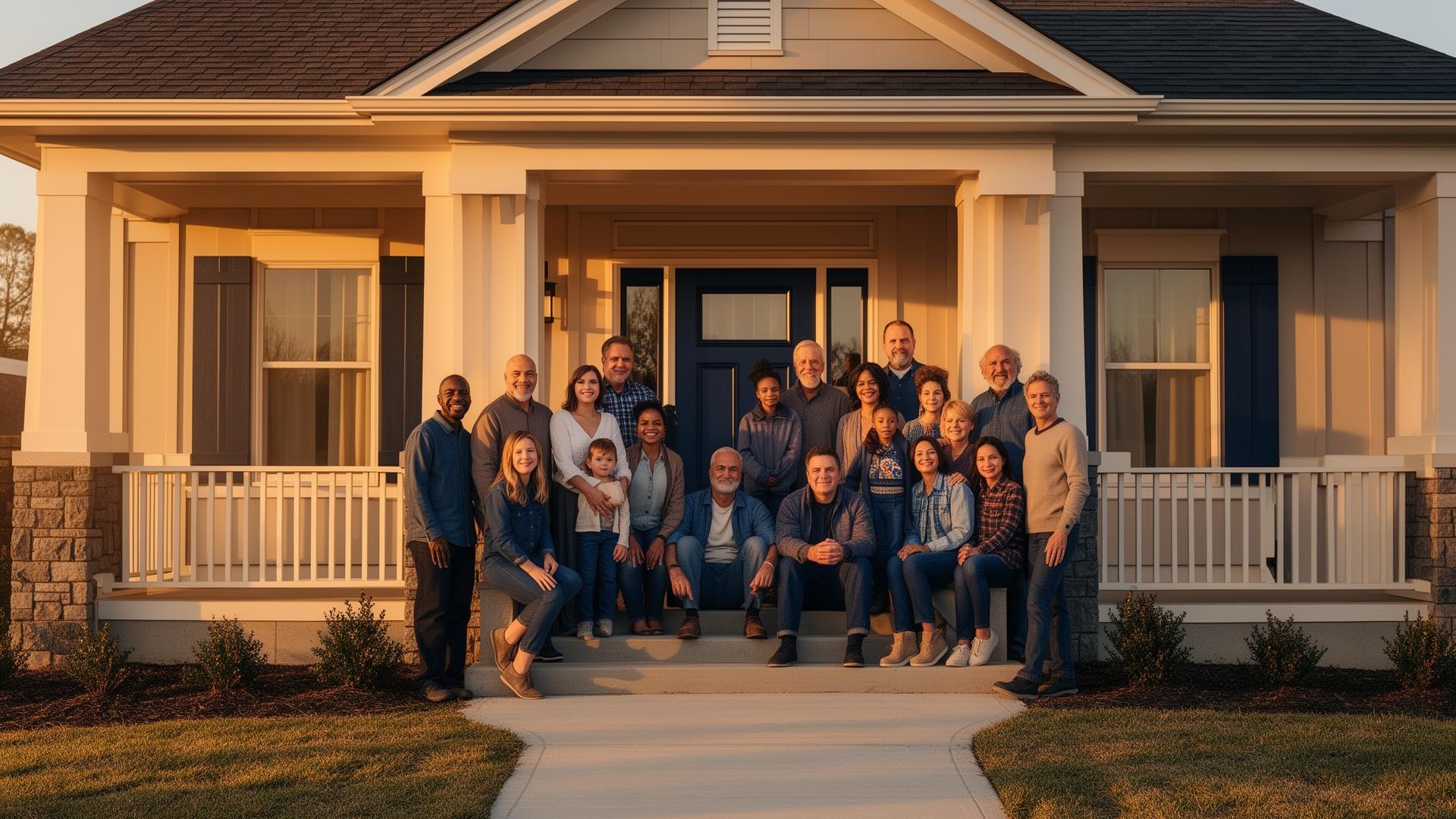 Diverse families gathered on the welcoming porch of a Solace Living home at golden hour